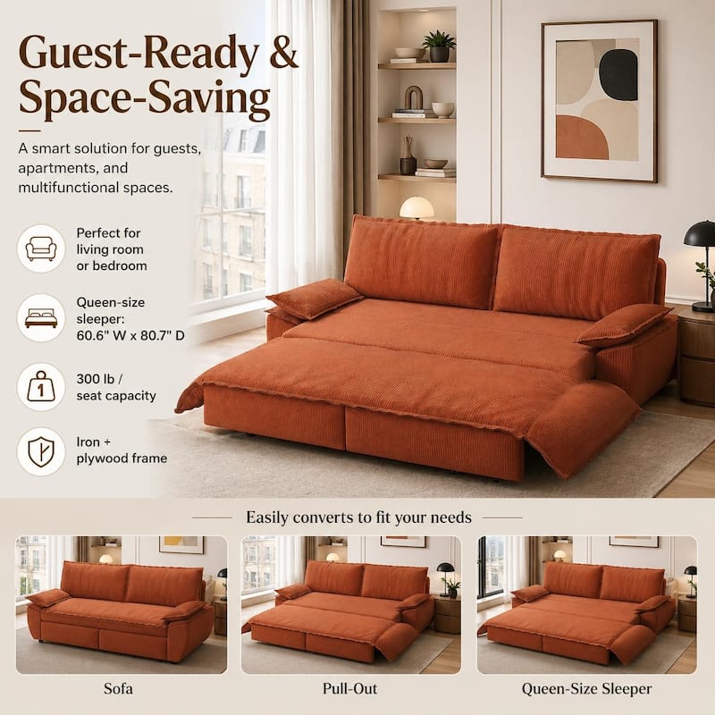 Homy Casa 73.2''/94.5" Queen/King Pull Out Sofa Bed, 3-in-1 Corduroy/Velvet Sleeper Couch