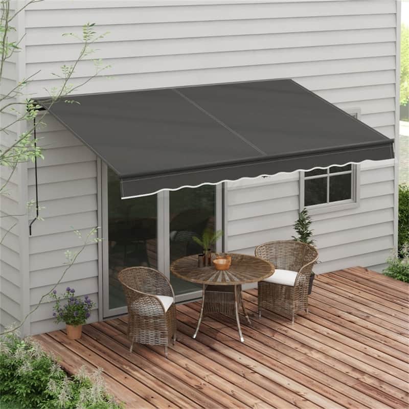 Polyester Aluminum Steel Manual Retractable Outdoor Awning - 141.75" W x 118" D - Dark Grey