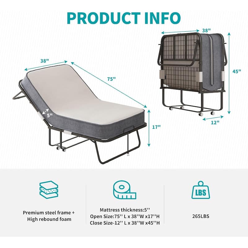Mixoy Space Saving Foldable Bed with Mattress,Portable Bed with Lockable Wheels