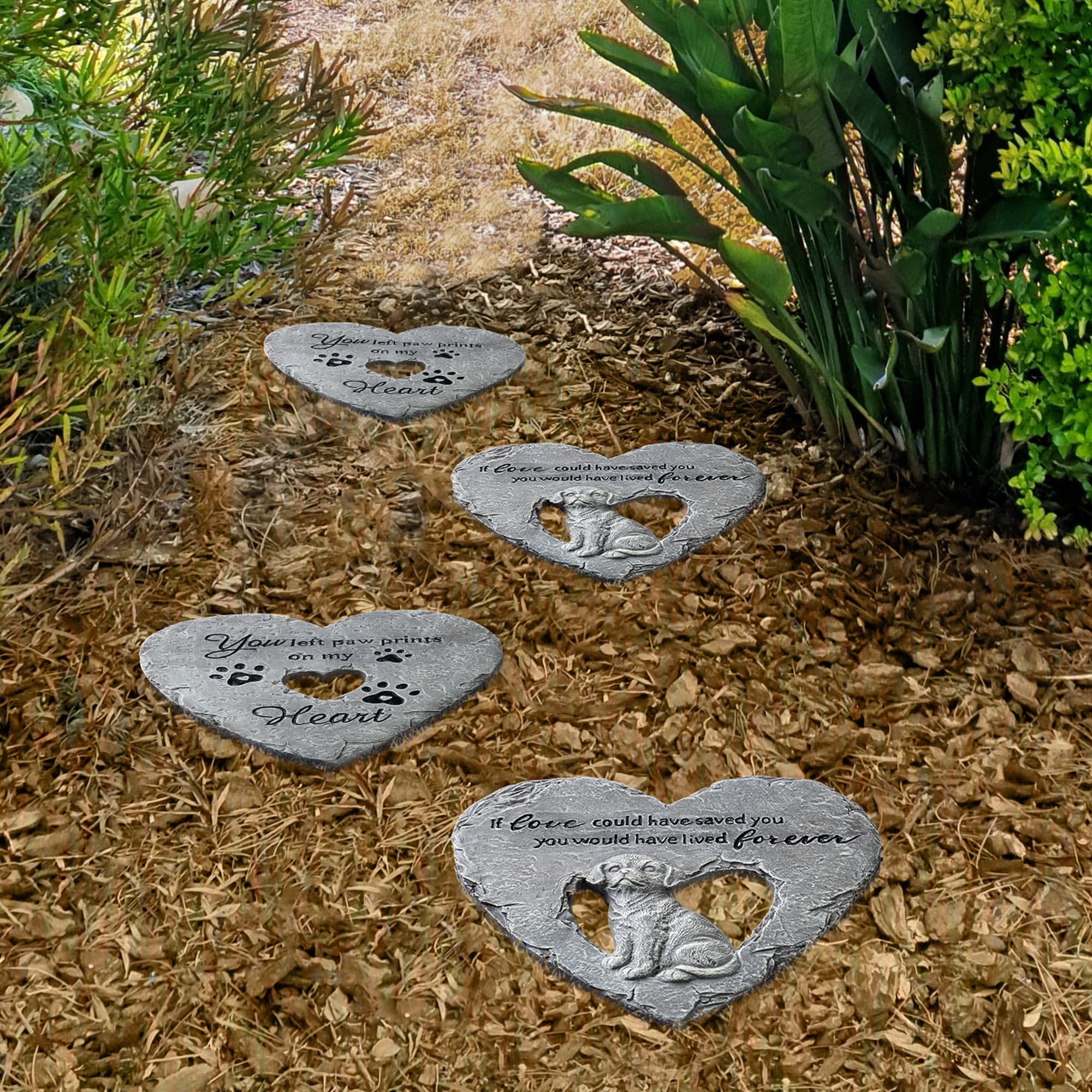 Glitzhome 4-Piece Cement Heart Shaped Paw Prints and Dog Memory Stepping Stones - 10 in