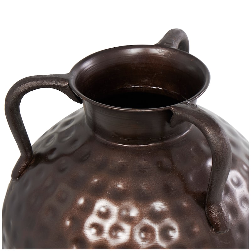 Metal Tall Floor Mediterranean Style Vase with Hammered Details and Handles - Brown - Roche River Decor