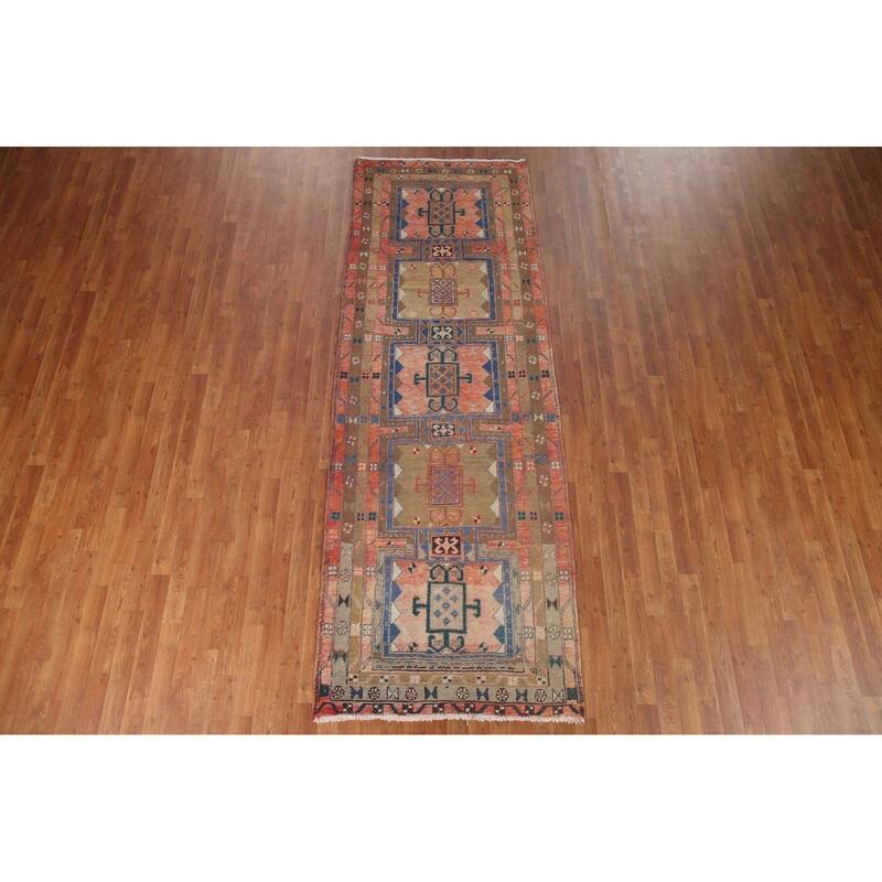 Geometric Ardebil Persian Vintage Runner Rug Hand-knotted Wool Carpet - 3'6" x 10'0"