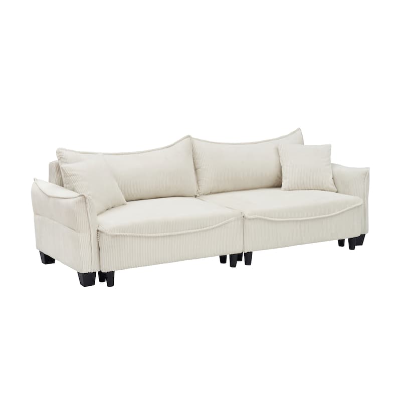 Beige 87.79" Corduroy 3-seater Sofa Bed with Two Throw Pillows and Storage for Living Room