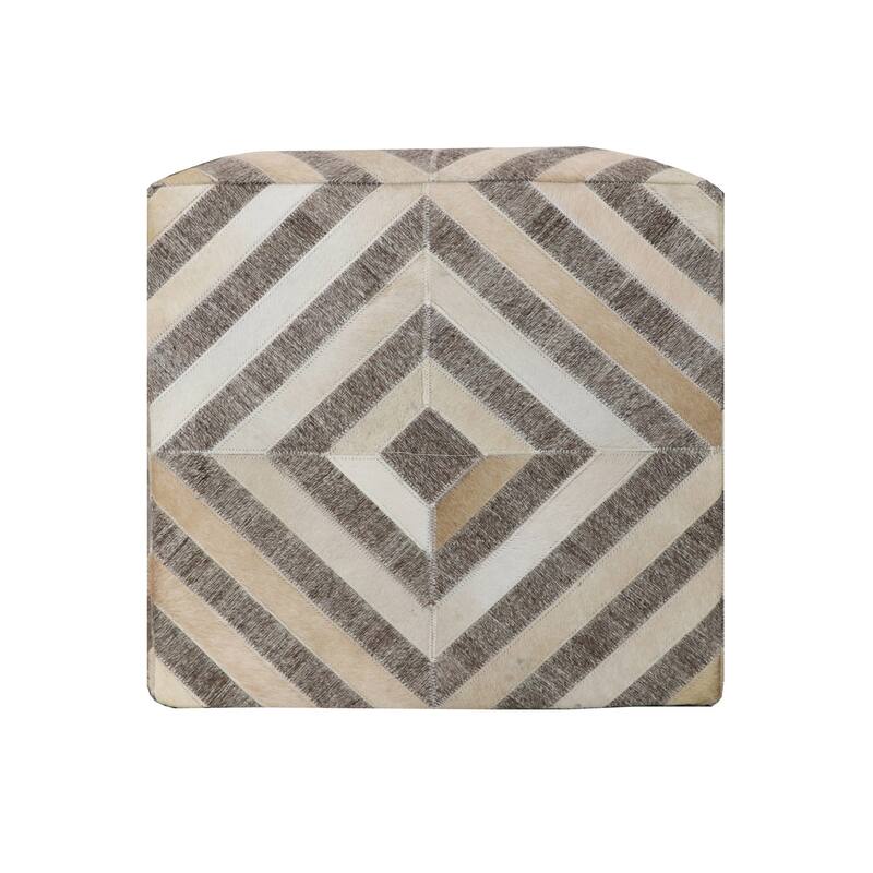 18" Gray and Beige Hair on Hide Cube Geometric Pouf Ottoman