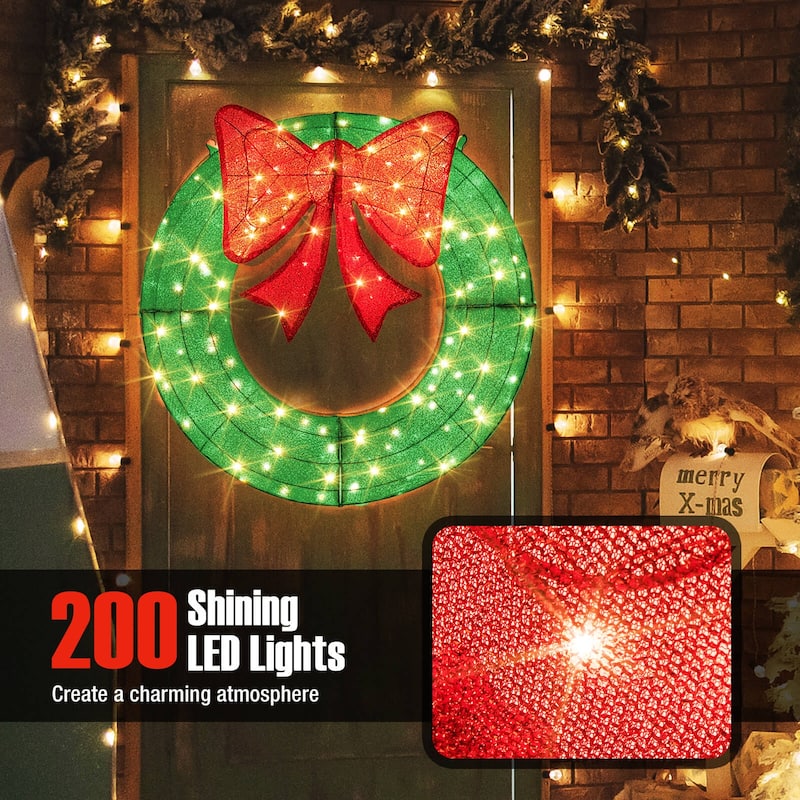 Costway 48 Inch Pre-Lit Christmas Wreath with 200 LED Lights Red Bow - See Details