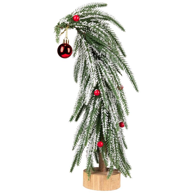 Flocked Curved Artificial Christmas Tree with Red Ornaments - 15"