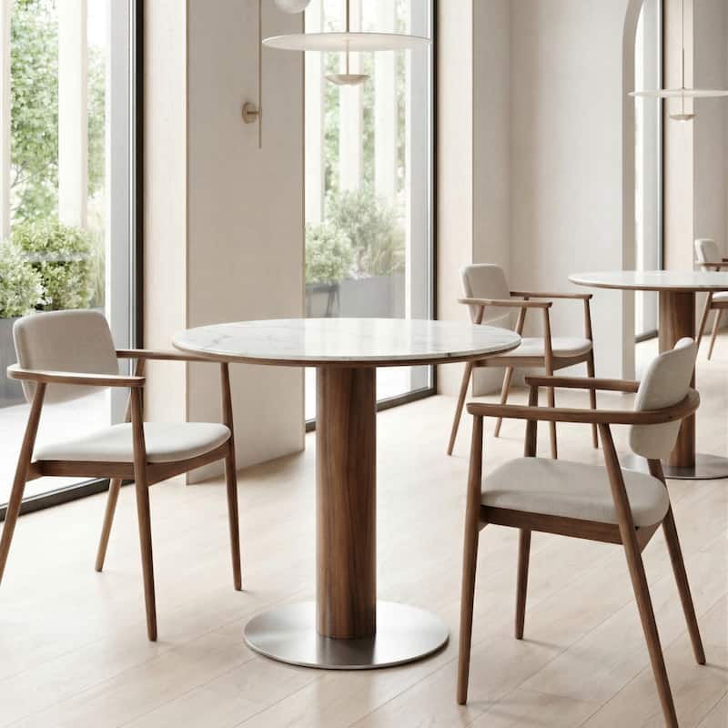 31.5 Inch Round Dining Table for 2-4, Solid Wood Circle Kitchen Table with Stainless Steel Pedestal, Sintered Stone Top