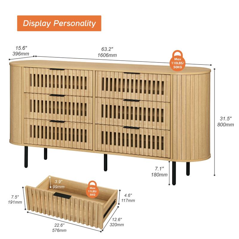 WAMPAT Fluted 6 Drawers Dresser,63" Wide Chest of Drawer