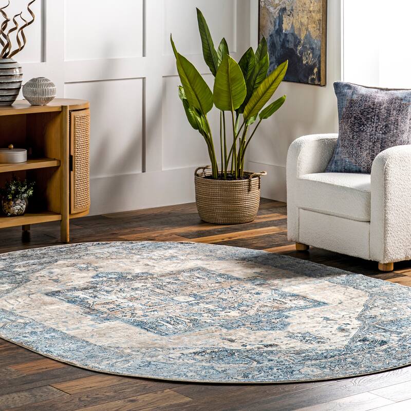 Nuloom Camila Faded Medallion Fringe Area Rug - 5' x 8' Oval - Light Blue - Runner