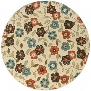 8' Round Ivory Round Floral Stain Resistant Indoor Outdoor Area Rug - 6 ...