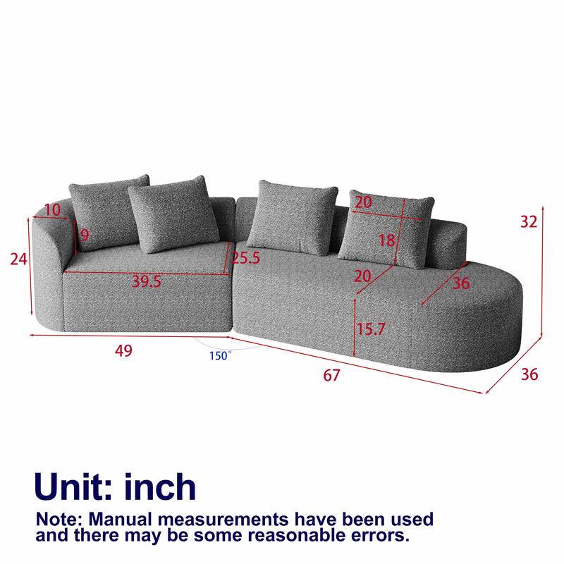 Modular Curved Sectional Sofa, Oversized Chenille Cloud Couch, Compressed Upholstered Sofa with 4 Throw Pillows
