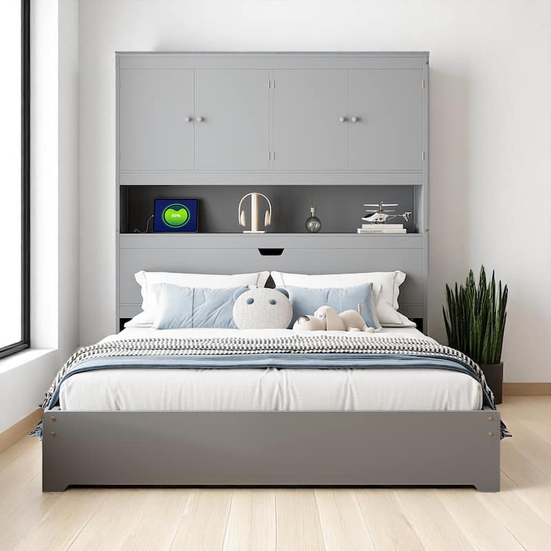 Full Size Platform Bed with Flip-Up Headboard Storage, USB Outlets, and Drawers - Grey - Full