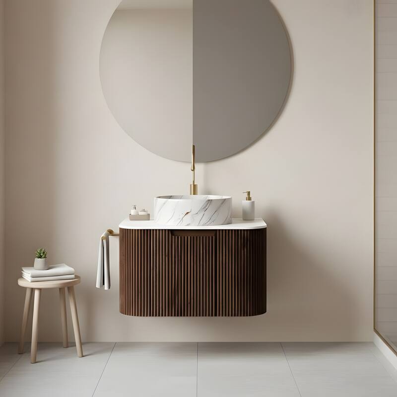 Floating Bathroom with Round Ceramic Basin and Storage Drawer