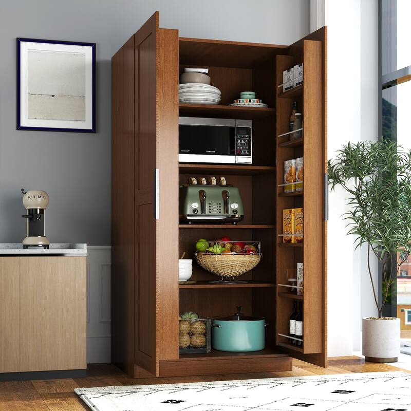 62.99-Inch Walnut Kitchen Pantry Cabinet – Freestanding Buffet Sideboard with Doors & Shelves, Versatile Storage