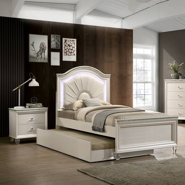 slide 2 of 11, Ving Glam Wood 3-Piece Youth Platform Bedroom Set with LED Light by Furniture of America Pearl White - Full