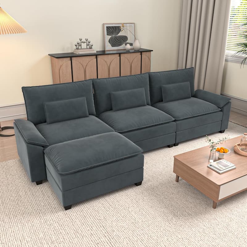 Kullavik Cloud Chenille L-Shaped Sofa, Modular Sectional Sofa with Ottoman, Throw Pillows and Double Layered Cushion
