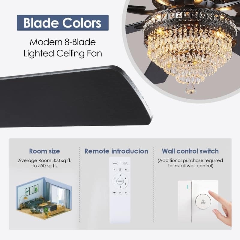 52 or 62 Inches Crystal Ceiling Fan Fandelier with Lights,For Bedroom Kitchen Patio Remote Control