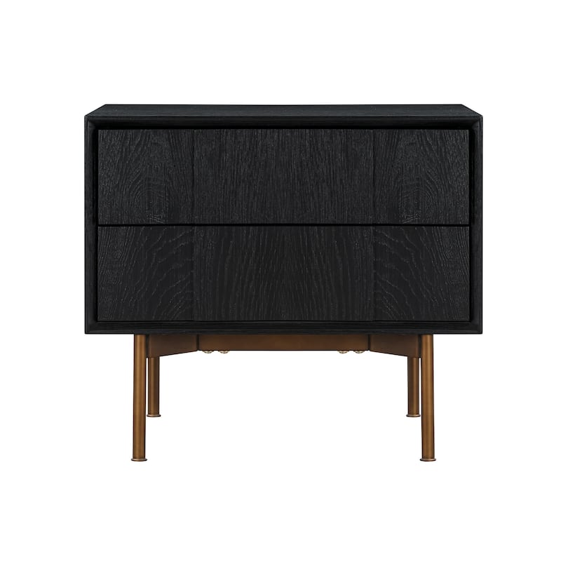 Carnaby 2 Drawer Nightstand in Black Brushed Oak Wood and Bronze
