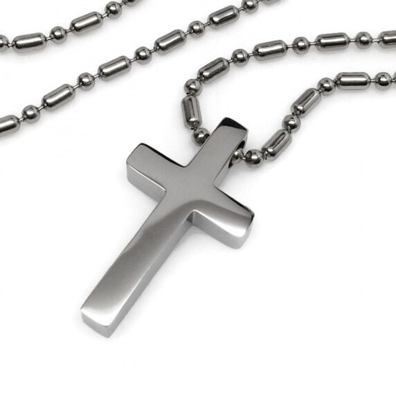 Loralyn Designs Mens Simple Stainless Steel Cross Pendant Necklace Small Bead Chain