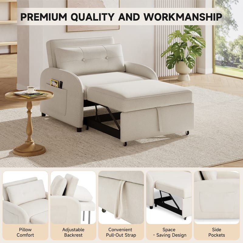 Single Sofa Bed Upholstered Sleeper Chair with Side Pocket, Convertible Chaise Lounge Pull-Out Sofa Bed with Adjustable Backrest