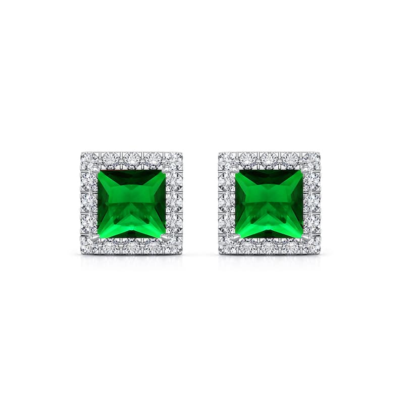 Auriya 14k Gold Lab Grown Gemstone Green Emerald Stud Earrings Princess 0.25 to 5.00 ct. tw. Halo Screw-Back