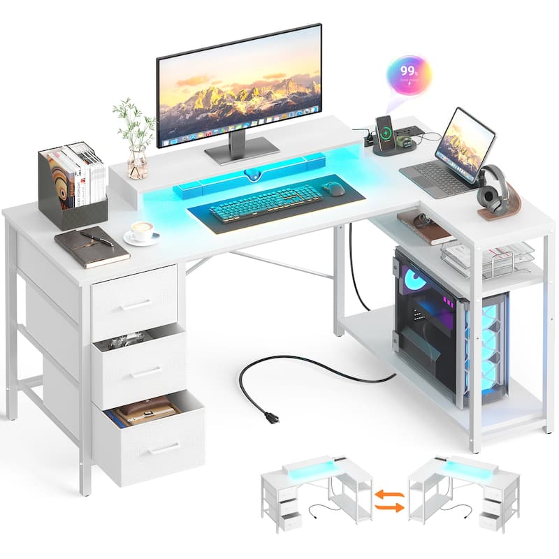 Reversible 53'' L Shaped Computer Desk with Power Outlets & LED Lights,Gaming Desk with 3 Drawers & Monitor Stand - White