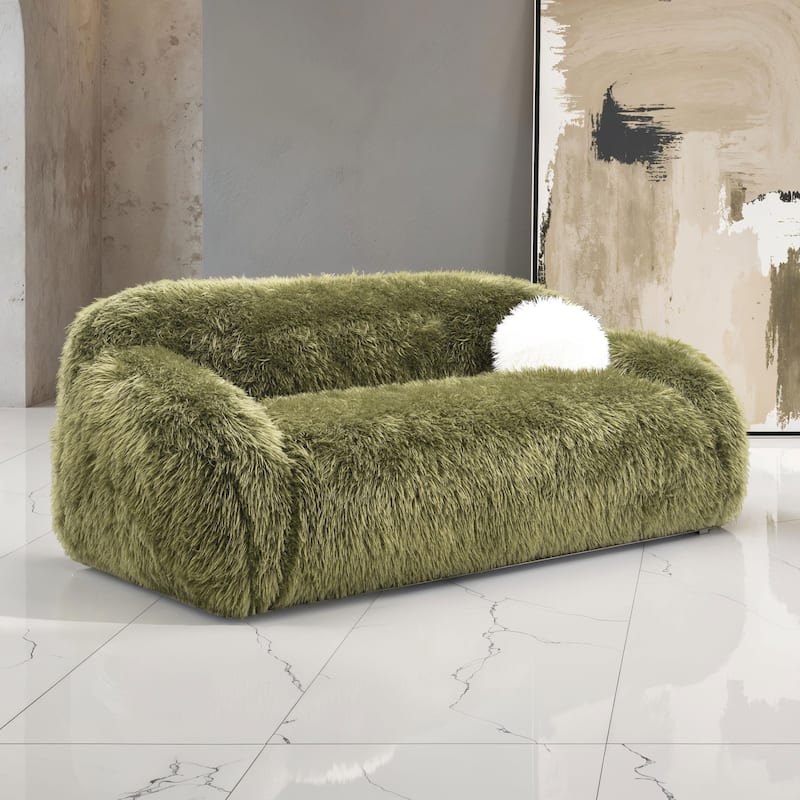 Furniture of America Cynra Modern 82-inch Faux Fur Sofa with Ball Pillow - Green Long-Haired