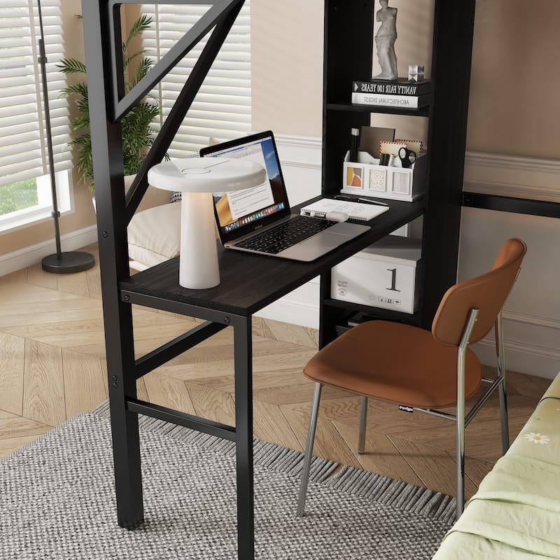 Full over Twin Metal Bunk Bed with Desk and Bookshelves,Detachable Metal Bunk Bed with LED and Charge Station