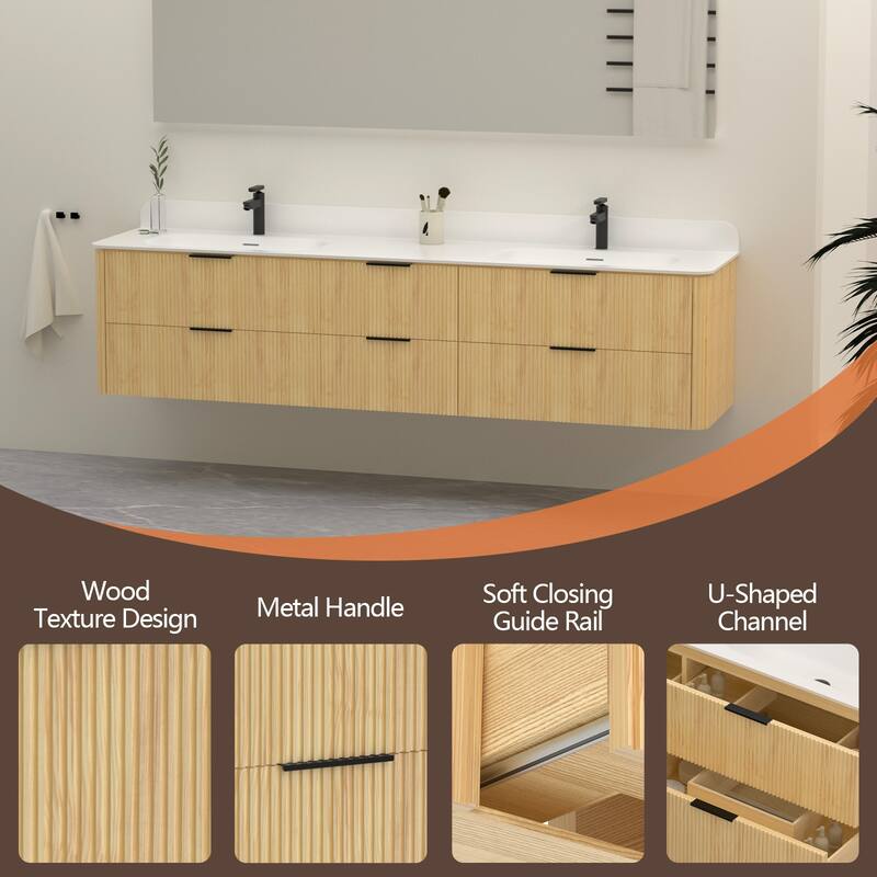 84" Floating Bathroom Vanity with Integrated countertop Rectangular Sink Solid Wood