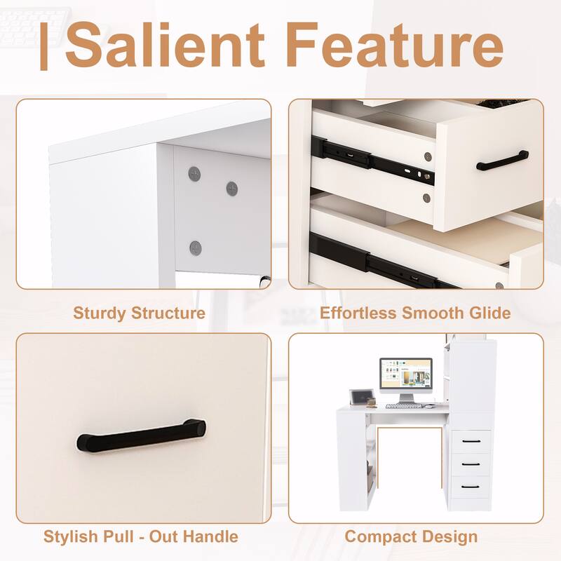 White Computer Desk with 3 Slide Storage Drawers and 4 Open Shelves for Home or Office Workstation