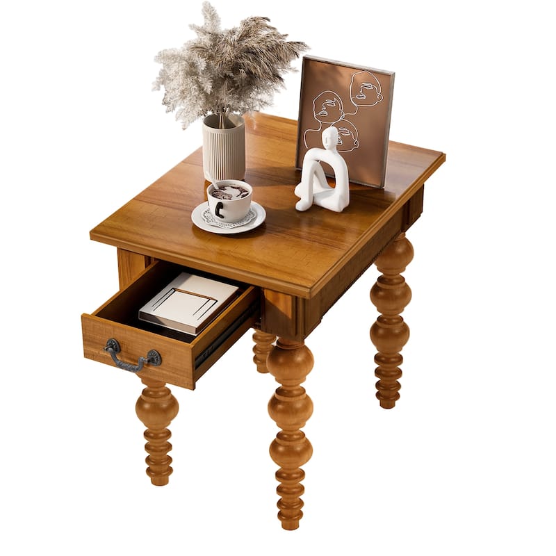 Solid Wood End Table with Drawer, Easy Assembly Vintage Narrow Sofa Side Table for Living Room