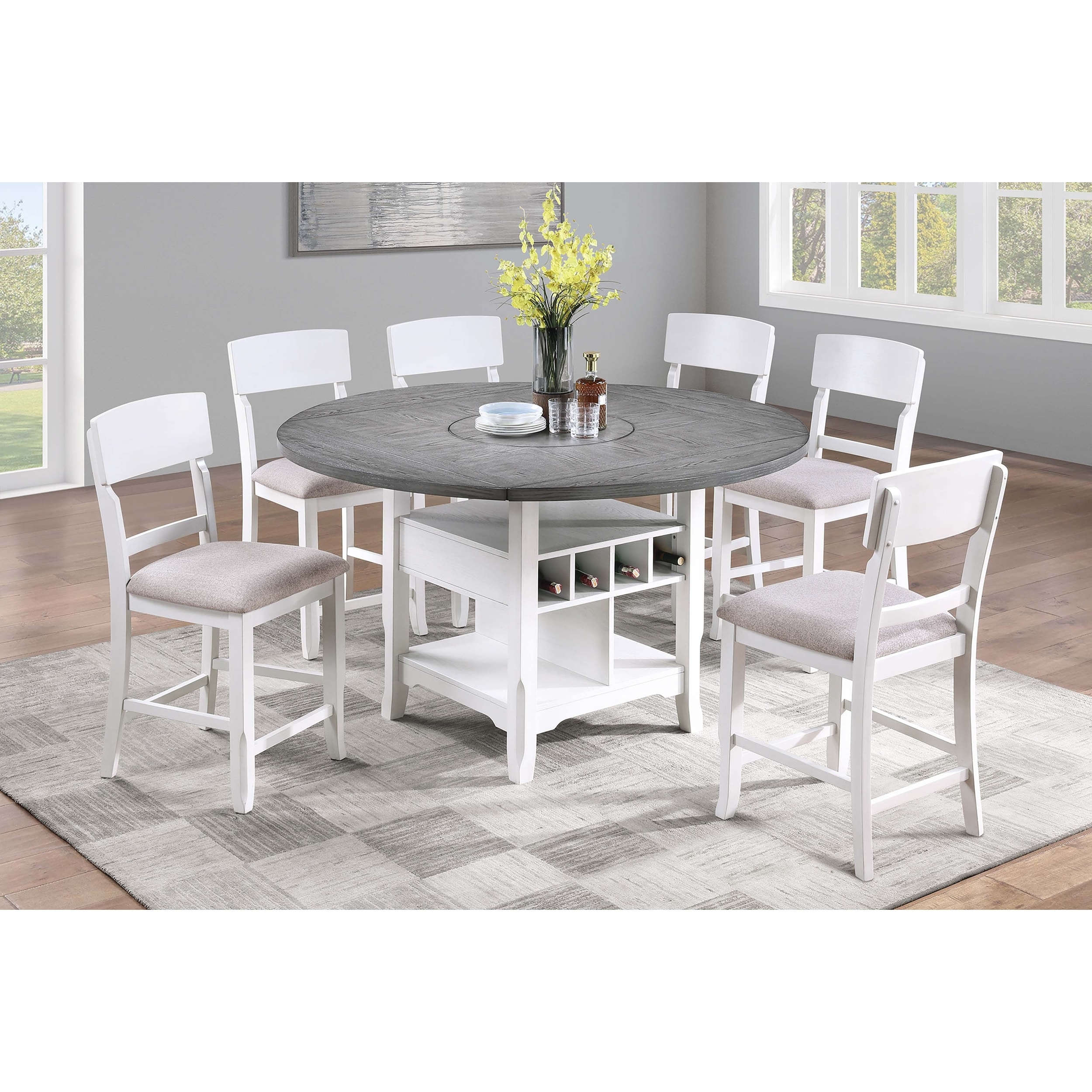 Contemporary 7pc Counter Height Dining Table Set Built In Leaf Antique White Finish