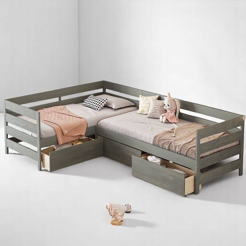 Twin L-Shaped Wooden Platform Bed with Storage Drawers - No Box Spring Needed, Space-Saving Layout - Grey - Twin