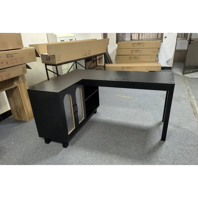 L Shaped Executive Desk with File Cabinet and Shelves, Corner Desk for Home Office