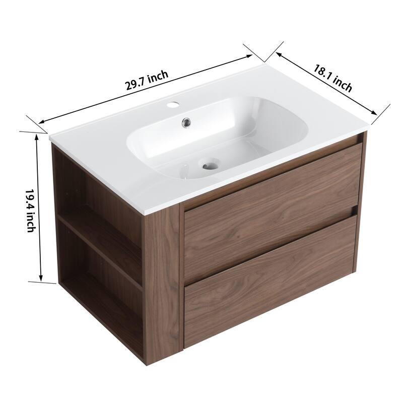 Modland 30" Wall-Mount Vanity with Gel Sink & Soft-Close Drawers - Adjustable Shelf, Brown/Imitative Oak - 30 Inch
