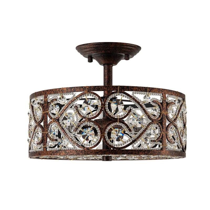 Spanish Vintage Crystal Bronze Drum Semi Flush - 13in