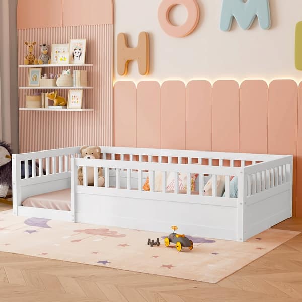 slide 2 of 10, Twin Toddler Floor Bed Safety Kids Bed with High Guardrails (19.6 inch), Without Slat Concise Fence Bed for Kids Toddler White - Twin