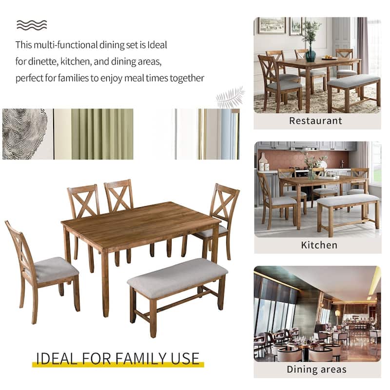 Merax Wooden 6-Piece Kitchen Dining Set with Bench and 4 Dining Chairs
