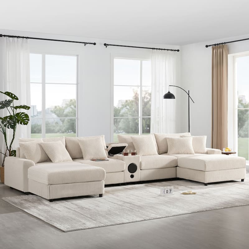 141.5'' Corduroy U-Shaped Sectional Sofa with Bluetooth Speakers and USB Charging Ports - Cream - Symmetrical
