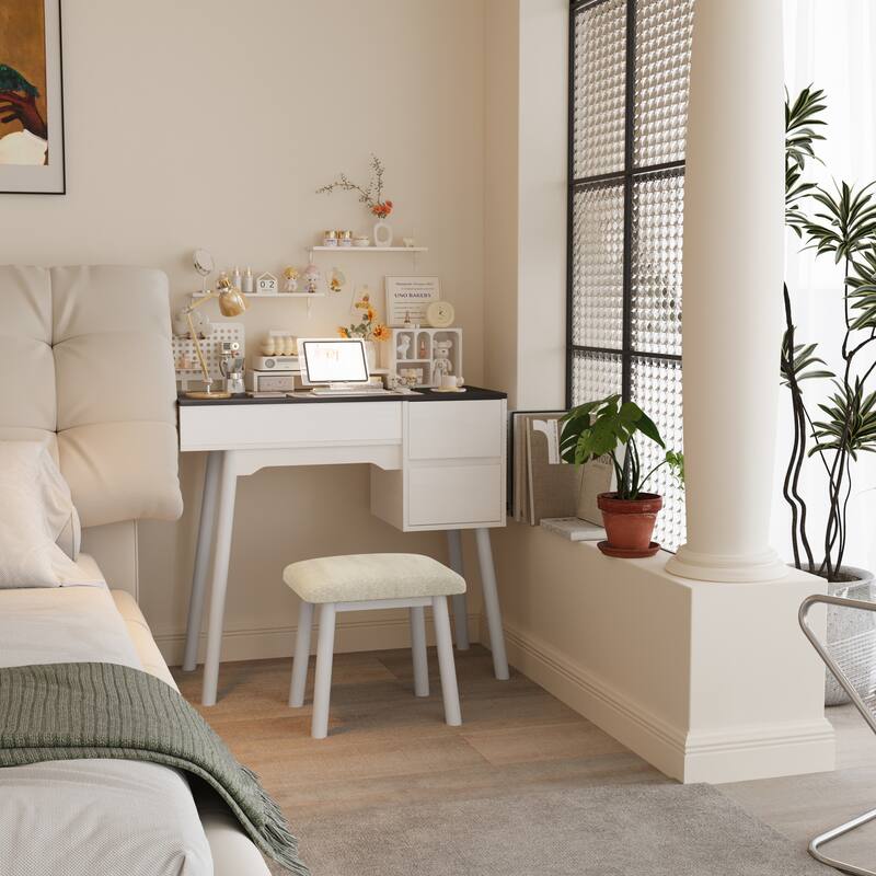 Flip Top Mirror Makeup Vanity Desk with Chair, White Dressing Table with Drawers and Storage Compartments
