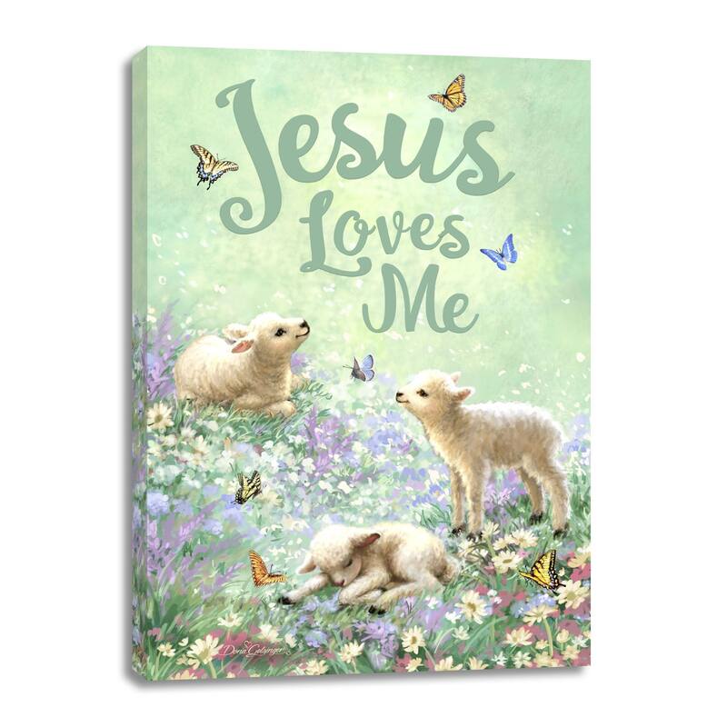 Green White 'Jesus Loves Me' Rectangular Canvas Wall Art Decor 14"x10"