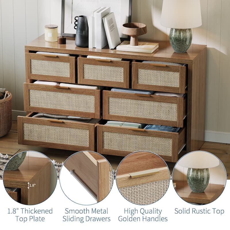 7 Drawers Dresser, 52" Wide Rattan Dresser Modern Chest of Drawers with Metal Handle, Wood Closet Storage Organizer