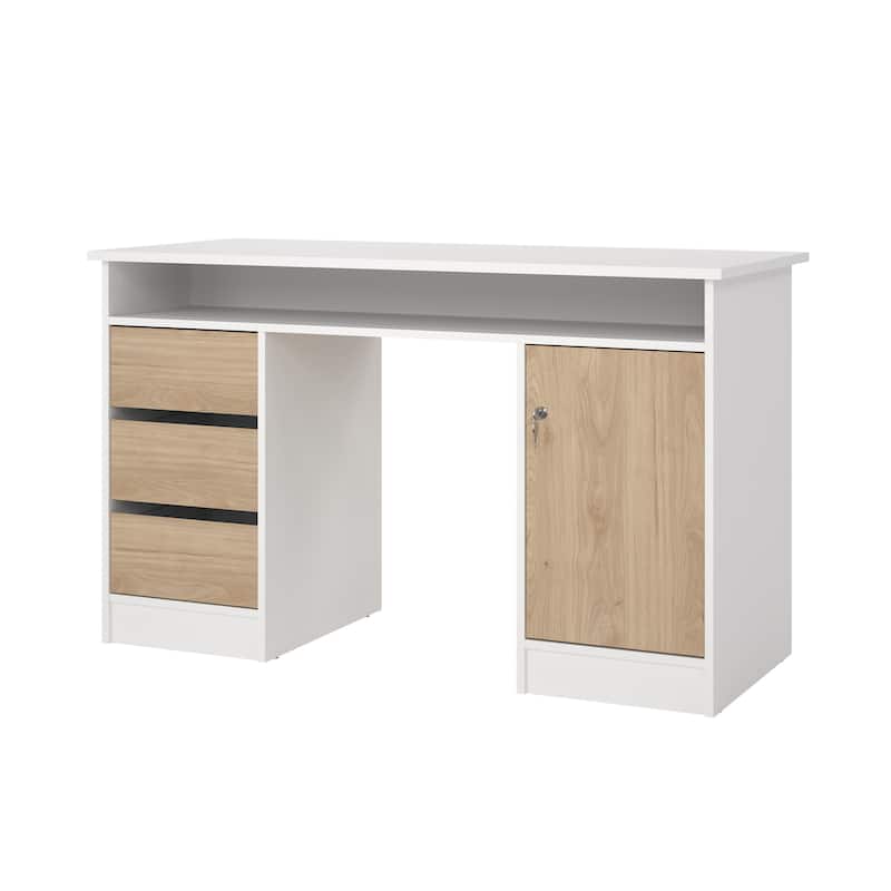 Porch & Den Function Plus 1 Door, 3 Drawer Desk, White/Jackson Hickory