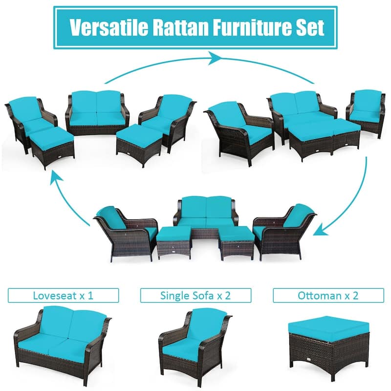 5 Pieces Patio Rattan Sofa Set with Cushion and Ottoman - 51" x 33.5" x 33" (L x W x H)