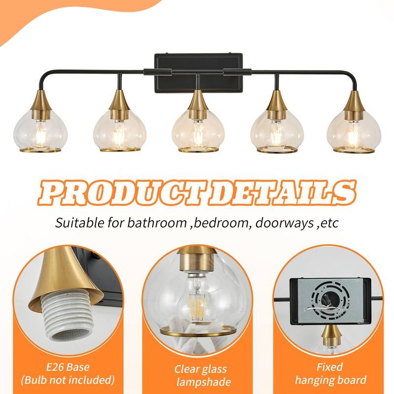 Modern Black and Gold Vanity Wall Sconce with Clear Glass Shades Industrial Bathroom Light Fixture (Bulb Not Included)