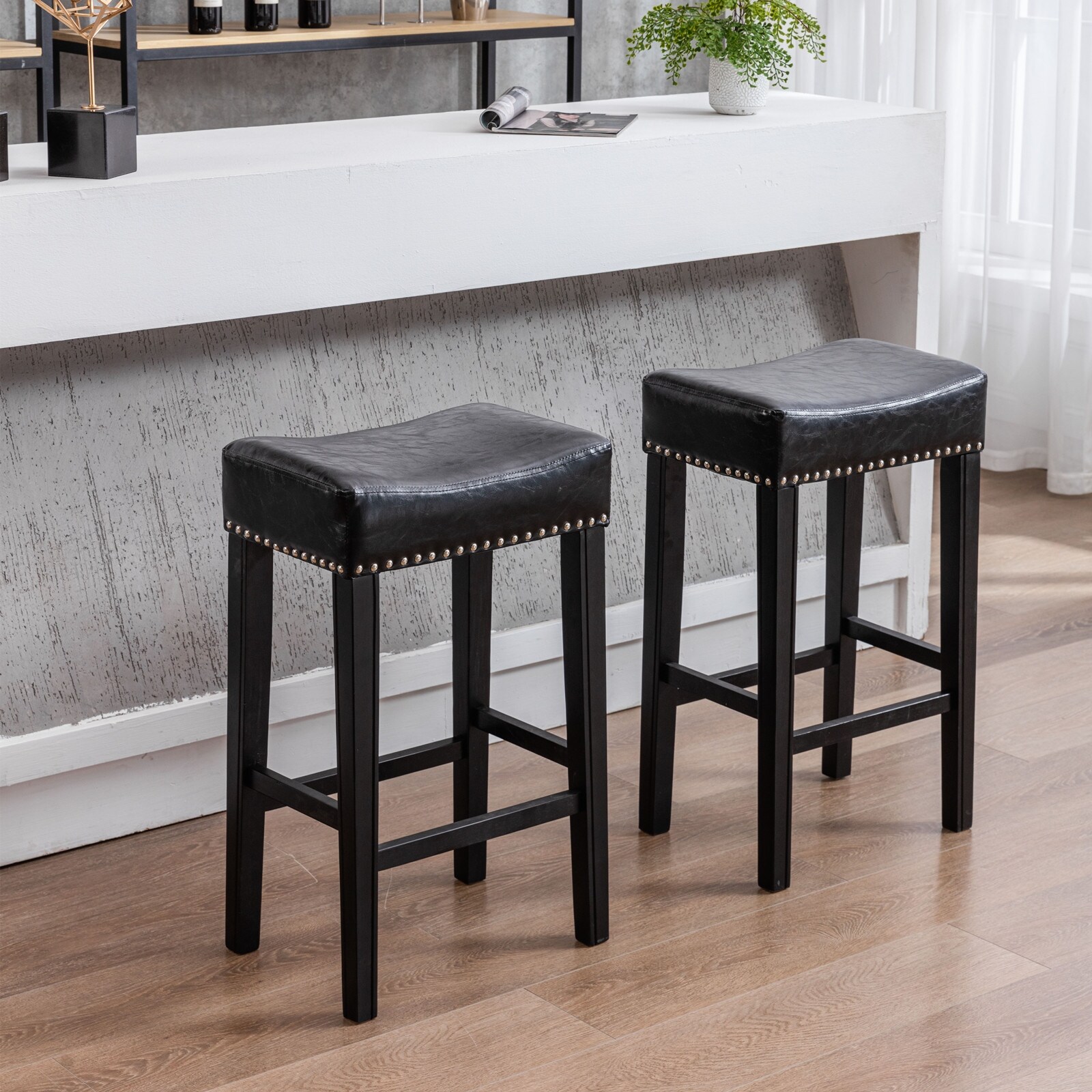 29 Inch Black Counter Bar Stools, Faux Leather Stools Without Back