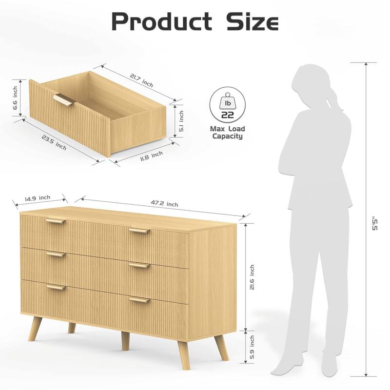 Gymojoy Fluted 6 Drawer Dresser with Gold Metal Handles, Modern Chest of Drawers for Living Room, Bedroom, Apartment