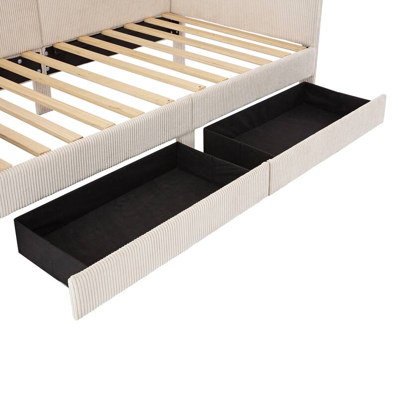 L-Shaped Corduroy Daybed,Upholstered Bed Frame with 2 Storage Drawers