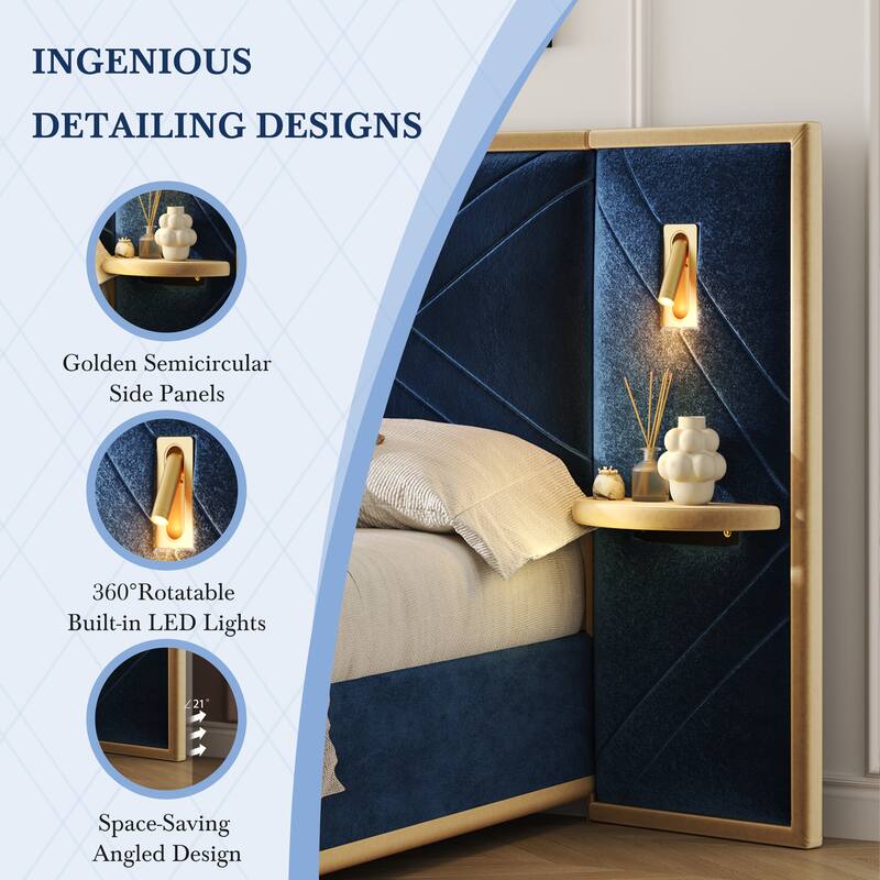 Christopher Knight Home - Voss Velvet Upholstered Bed with 2 Built-in LED Lights and 2 Storage Side Panels
