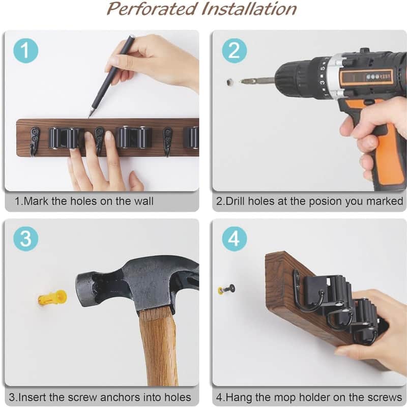 Wood Mop Broom Holder Wall Mount with 3 Slots & 4 Hooks